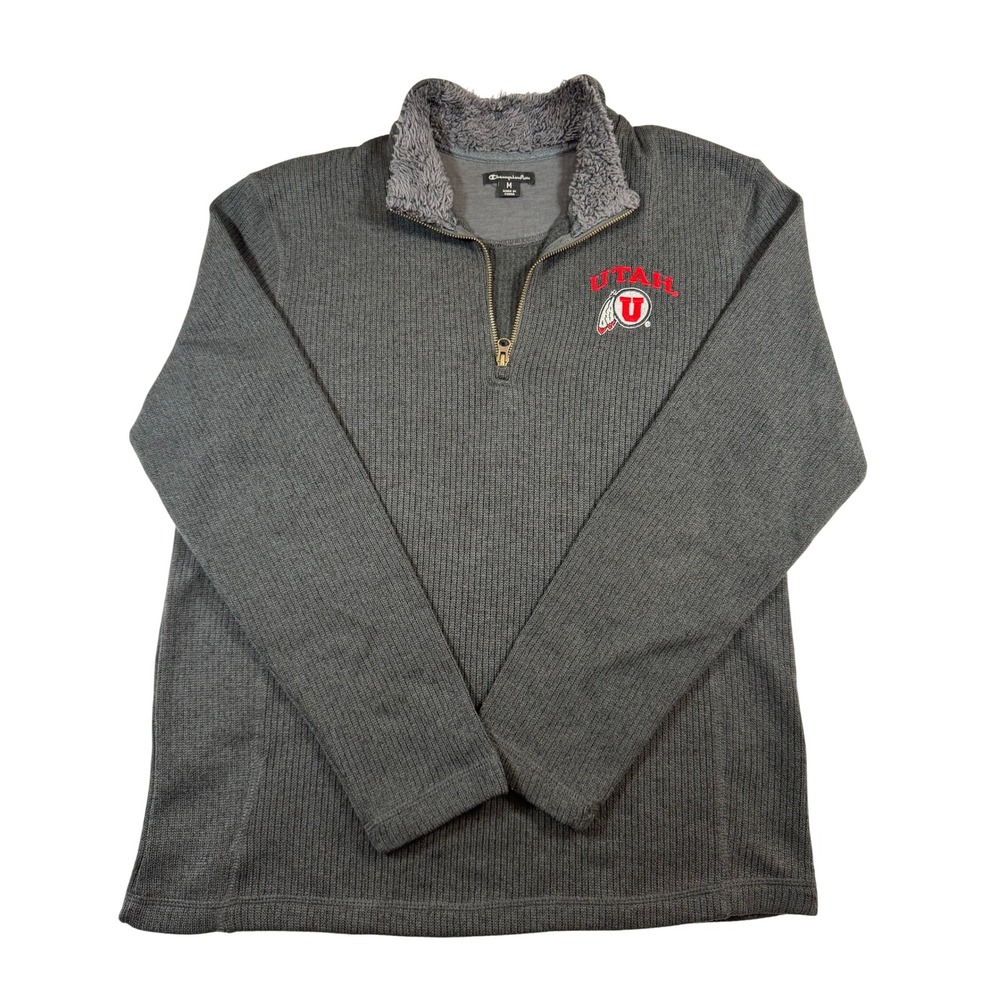 Champion Elite Mens Utah Utes Quarter Zip Pullover Gray Ribbed Fleece Neck Sz M